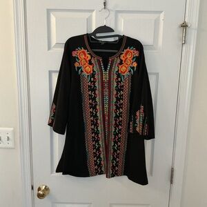 Elegant Black Tunic with Vibrant Floral Embroidery